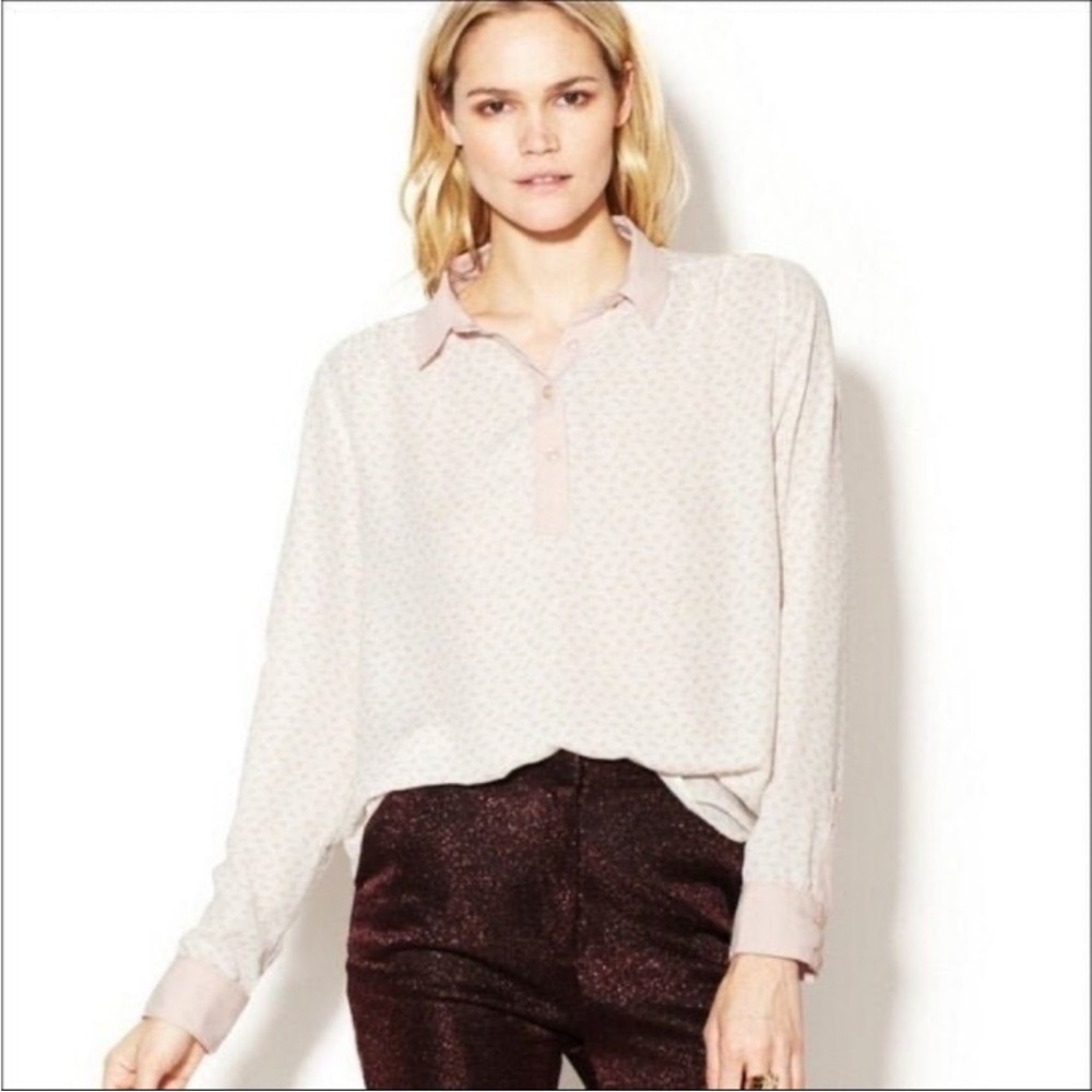 Free People White & Pink Horse Print Button Up Long Sleeve Sheer Blouse XS - Picture 2 of 10
